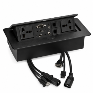 ChatGPT Image Oct 6, 2026, 10_21_08 PM Conference table connectivity box with Wires - Multifunction, usb-C port, usb port, audio, VGA and HDMI, Telephone and data