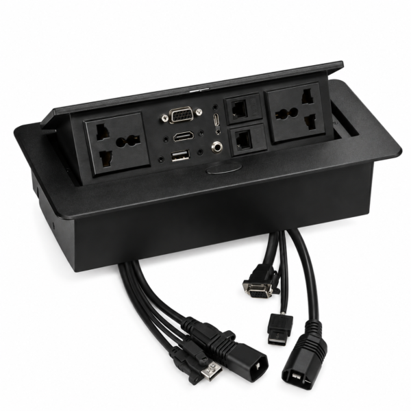 ChatGPT Image Oct 6, 2026, 10_21_08 PM Conference table connectivity box with Wires - Multifunction, usb-C port, usb port, audio, VGA and HDMI, Telephone and data