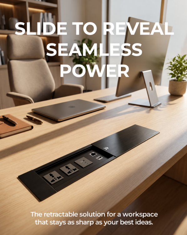 Electrical Sliding Desktop Sockets with 2 Universal Sockets, USB Port, HDMI and network port (Cat 6)