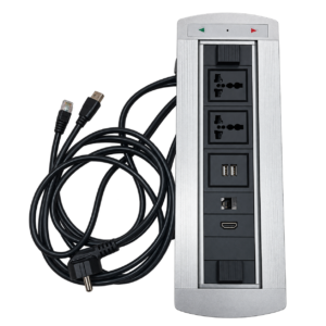 Hidden motorized electric flip up workstation socket