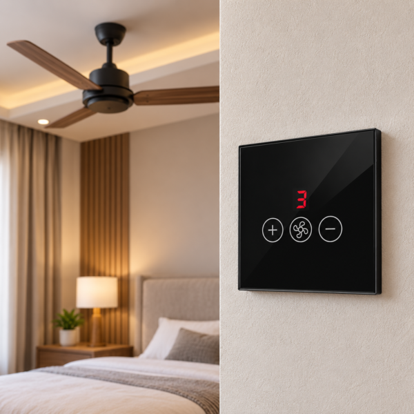 ChatGPT Image Sep 28, 2026, 02_28_02 PM WiFi Smart Fan dimmer, Touch Glass Panel, Mobile controlled, Compatible with Alexa and Google, No Hub required