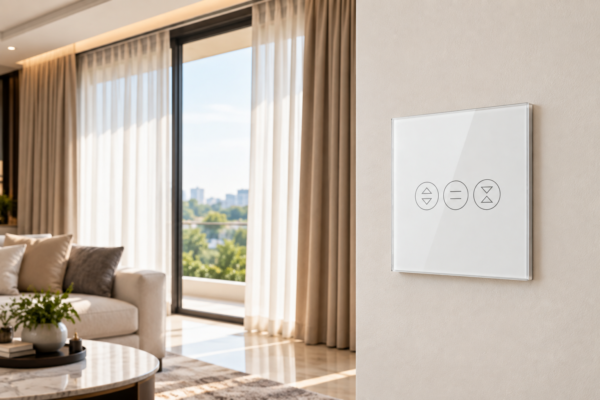 ChatGPT Image Sep 28, 2026, 12_15_25 PM Smart Curtain Switch for Motorized Curtains/Blinds, Touch Glass Panel, Mobile controlled, Compatible with Alexa and Google, No Hub required