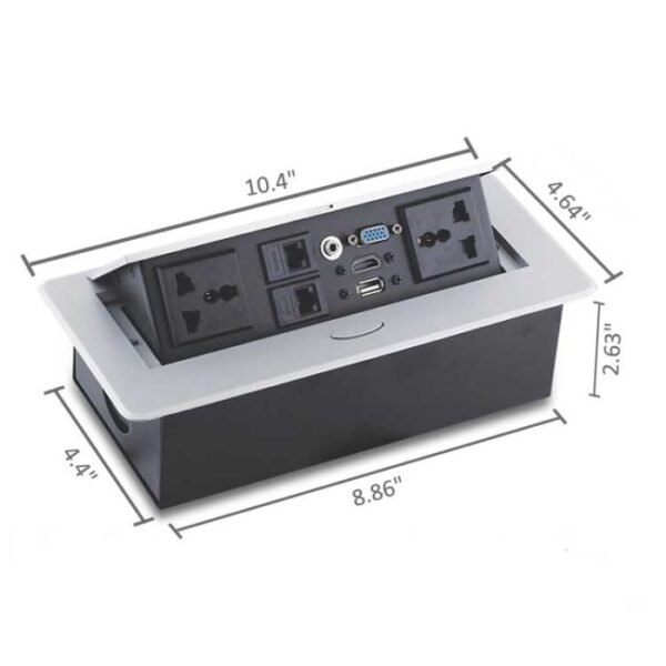 big-push-dimensions Desktop Pop up Socket with two universal power socket, network port, telephone port, HDMI, VGA, USB and Audio ports