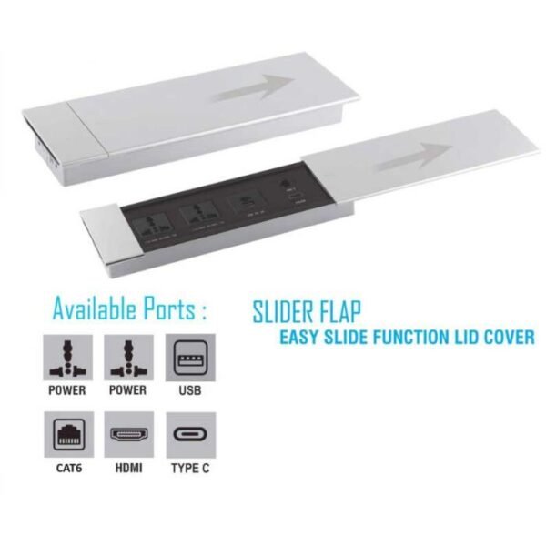 Electrical Sliding Desktop Sockets with 2 Universal Sockets, USB Port, HDMI and network port (Cat 6)