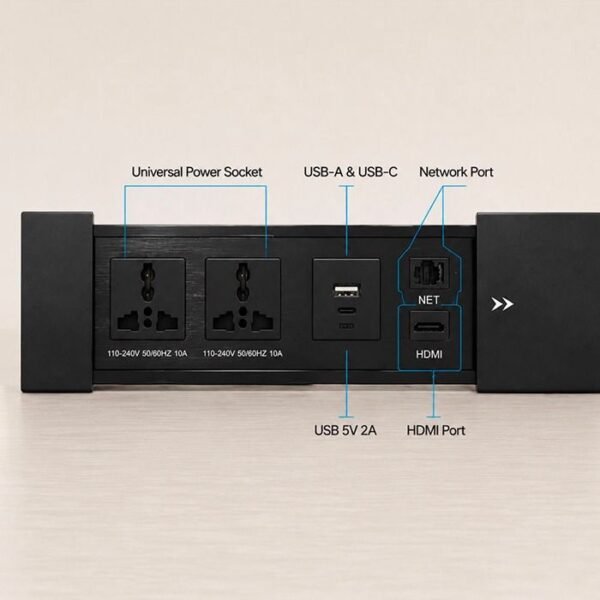Electrical Sliding Desktop Sockets with 2 Universal Sockets, USB Port, HDMI and network port (Cat 6)